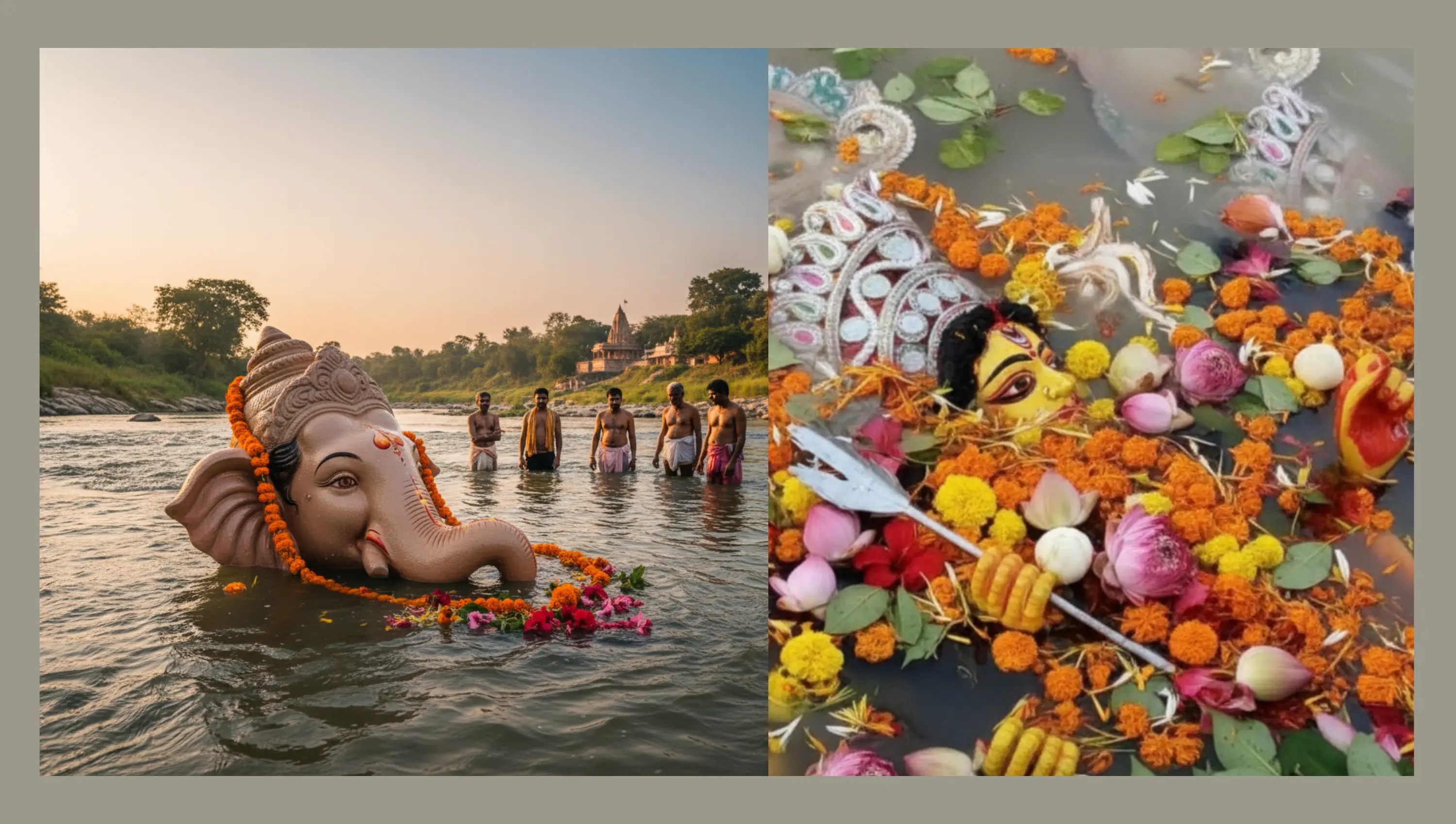 in left immersion of Ganesha idol and in right immersion of Durga idol