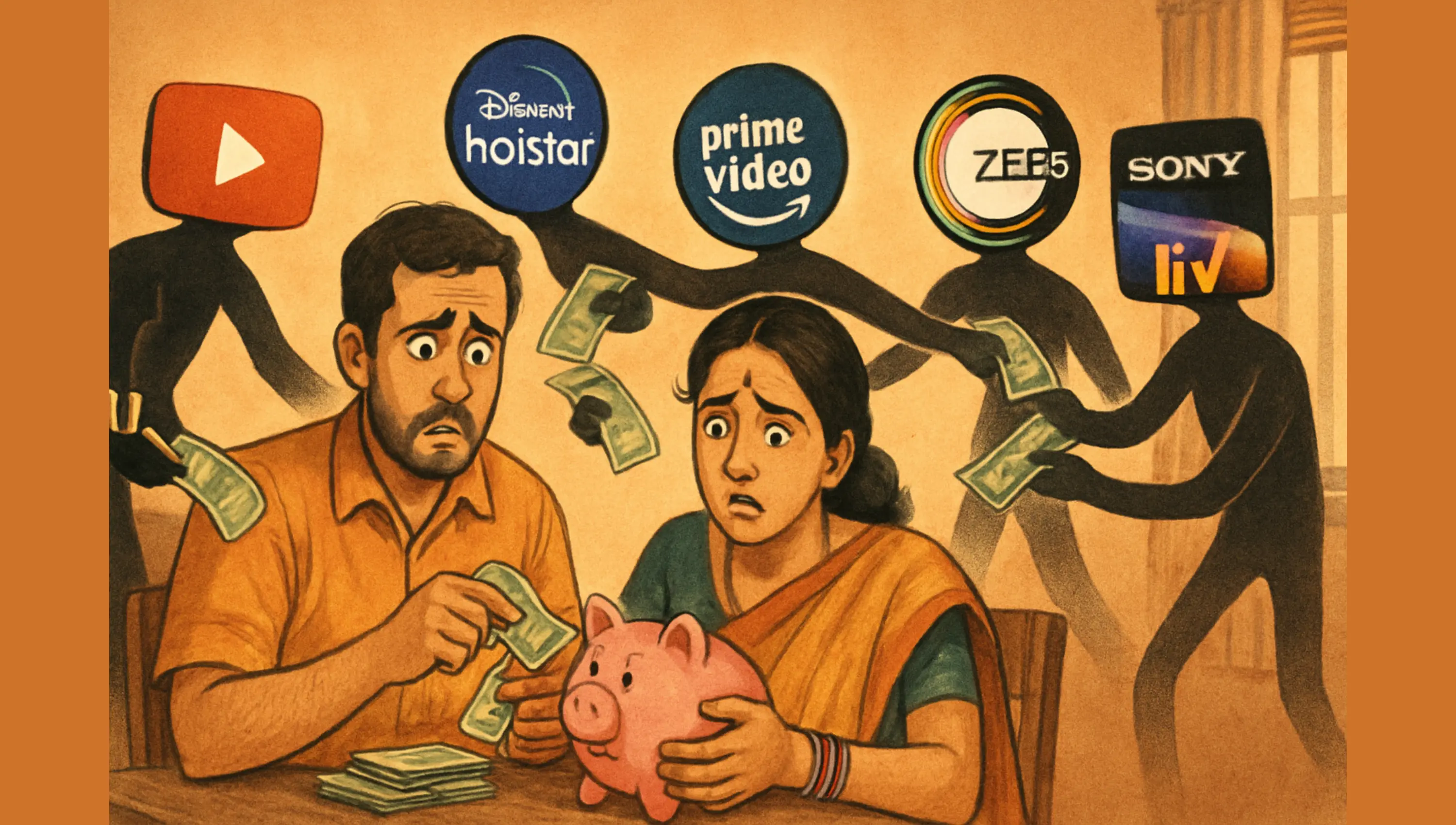 An Indian middle-class household with their savings surrounded by 5 entertainment apps for their subscription charges.