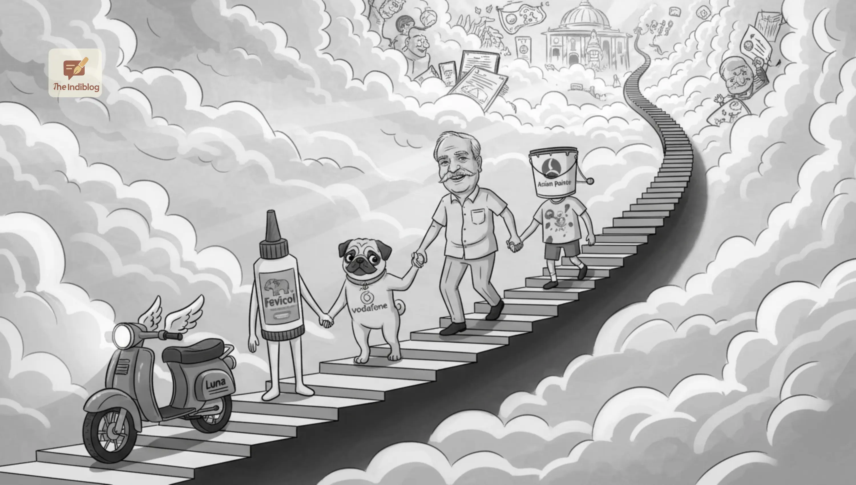 Grayscale cartoonish representation of Piyush Pandey ascending heavenly stairs with his iconic Indian brands ads.