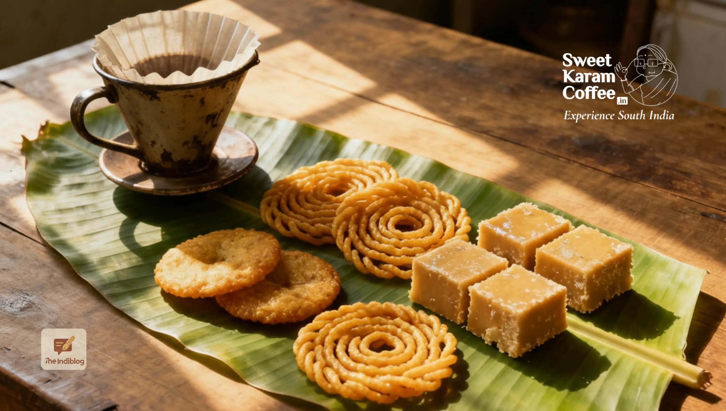 A cup of tea and tea biscuits are serving on a banana leaf- a tradition from South India.