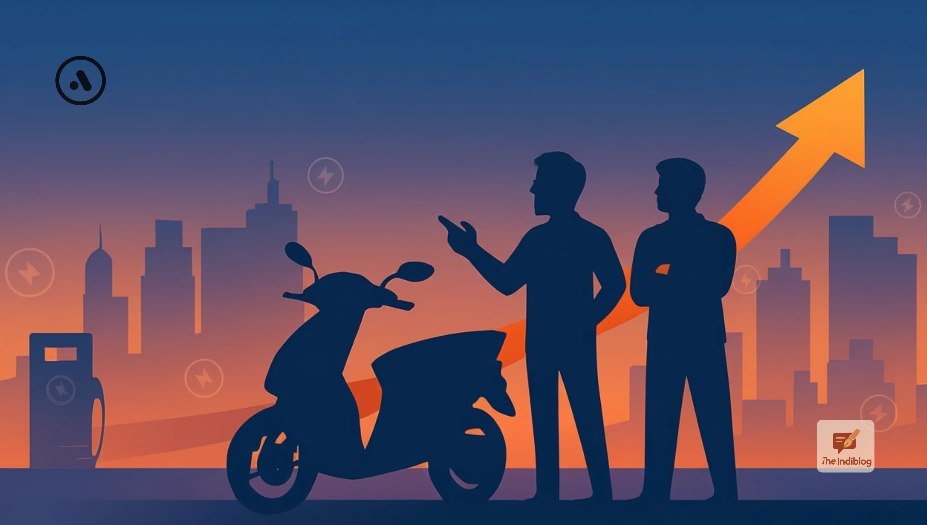 Two men standing with their electric two-wheeler in front and in the background reflects the growing market presence of their company Ather Energy.