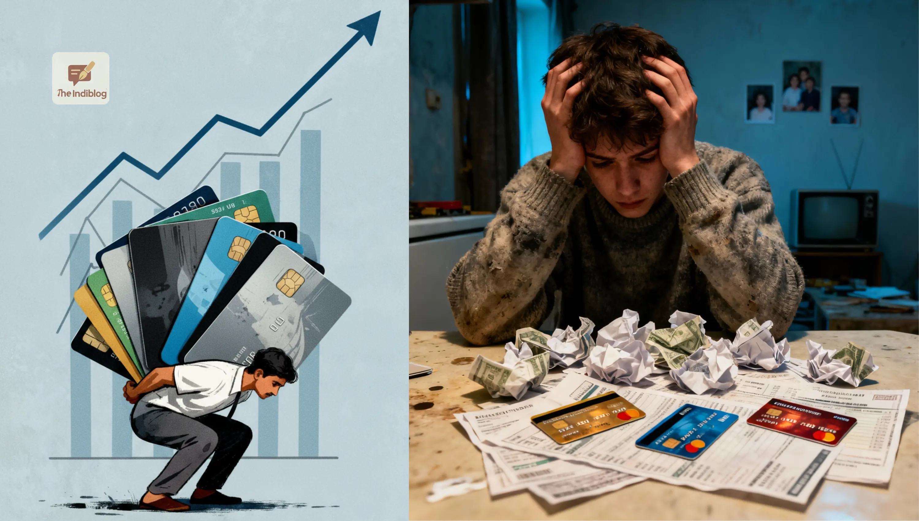 Split image showing symbolic and real burden of credit card debt on Indian middle-class (or common) people, highlighting financial stress and mental trauma.
