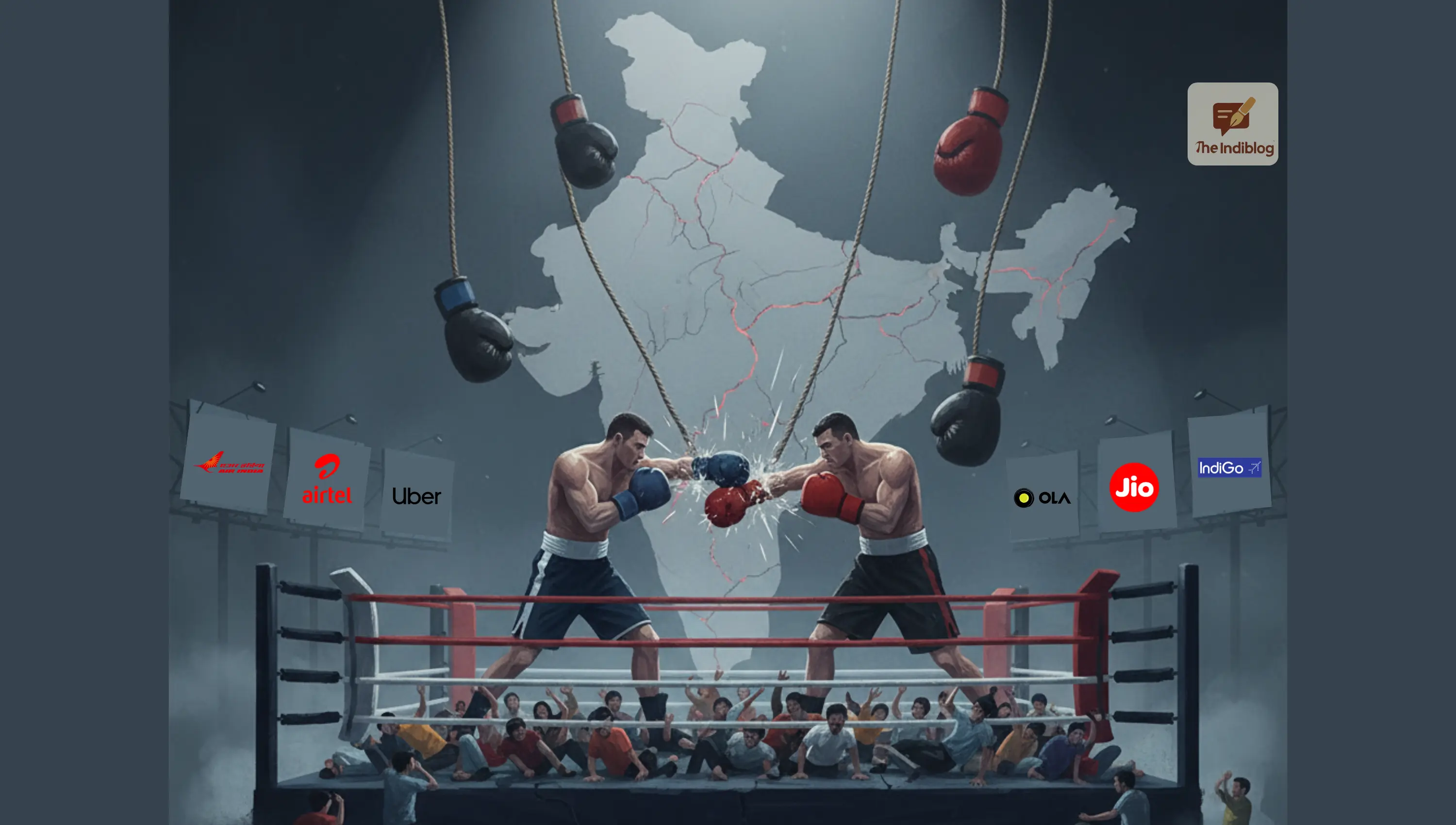 Represent the duopoly in Indian various business sectors, by two wrestlers who are two big brands. It is the common people getting pressed under this duopoly.