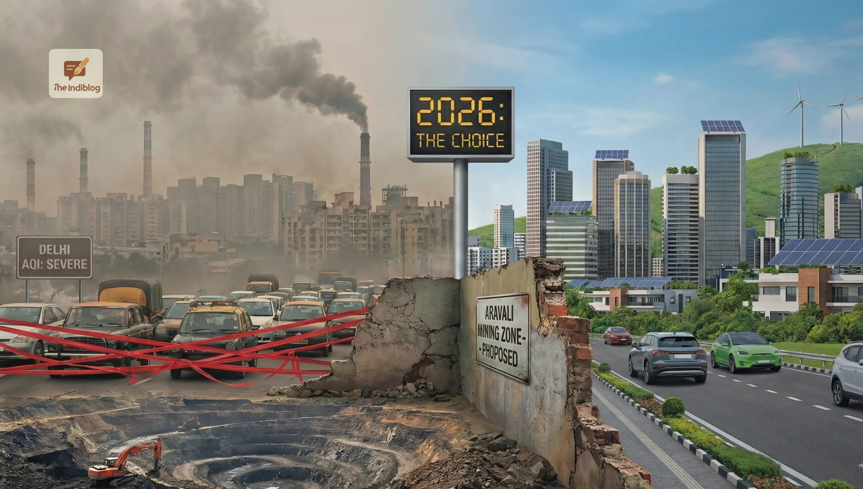 Representing a dark polluted city on the left, while on the right a green city with clean environment.